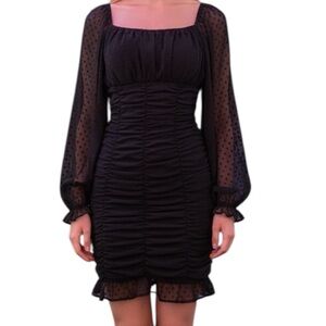 She+Sky Black Sheer Polka Dot Long Sleeve Ruched Stretch Women’s Cocktail Dress